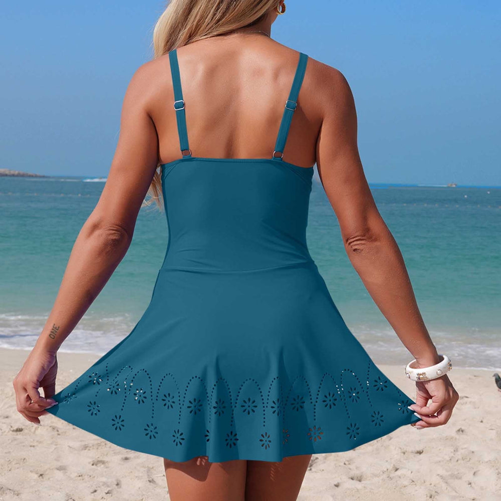 Women's Athletic One Piece Solid Color Swimsuit with Skirted Cover and Cutouts, Modest Yet Sexy for Active Beach Day