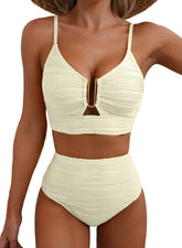 Ocevara Ocevara High-Waisted Tummy Control Bikini Set Textured U-Wire Cutout Swimwear - image 1