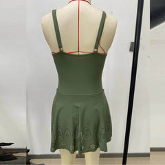 Women's Athletic One Piece Solid Color Swimsuit with Skirted Cover and Cutouts, Modest Yet Sexy for Active Beach Day