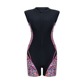 Geometric Panel Zip-Front Sleeveless Rash Guard Swimsuit