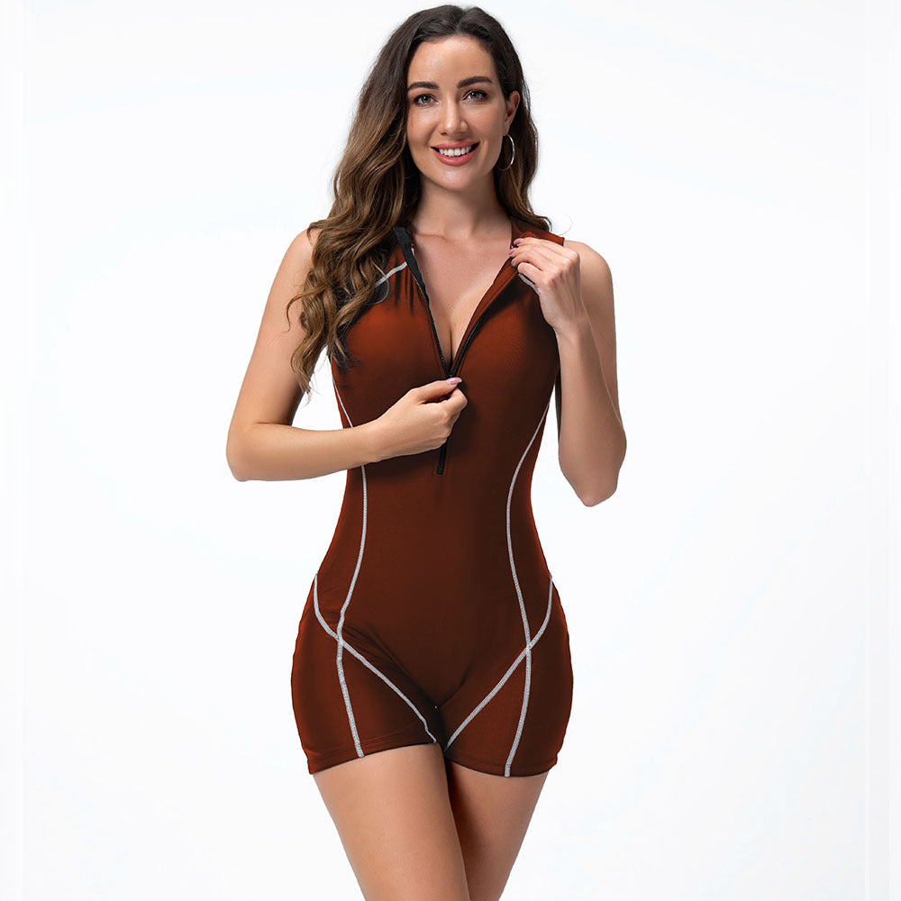 Contrast-Stitch Zip-Front Sleeveless Rash Guard Swimsuit - color-05