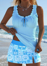 Ocevara Mid Waisted Tropical Plants Print Light Blue Tankini Set - image 1