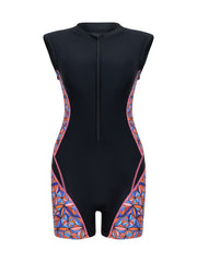 Geometric Panel Zip-Front Sleeveless Rash Guard Swimsuit - main-05