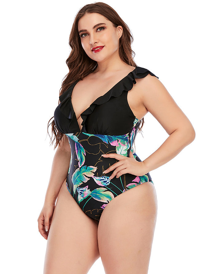 Black V-Neck Ruffle One Piece Swimsuit