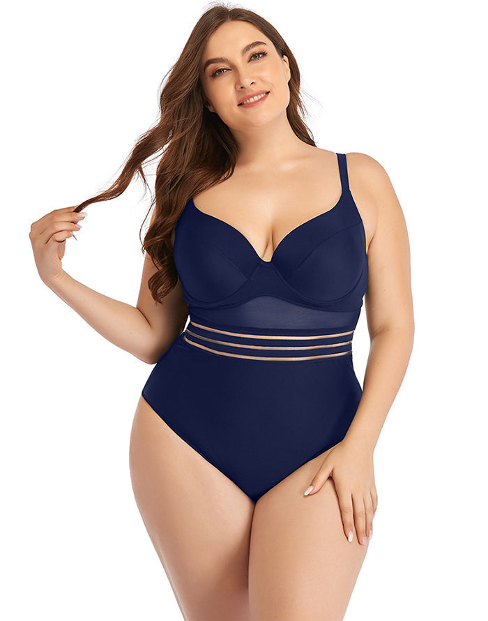 Dark Blue Sweetheart Neckline Cutout One-Piece Swimsuit