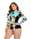 Color High Neckline Zipper Long-Sleeved One-Piece Swimsuit
