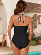 Ocevara - Women One Piece Swimsuit Leopard Splicing Halter V Neck Sexy Tummy Control Push Up Swimwear Back Tie Bathing Suit