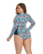 Ocevara - Multicolor High Neckline Zip Long Sleeve One Piece Swimsuit
