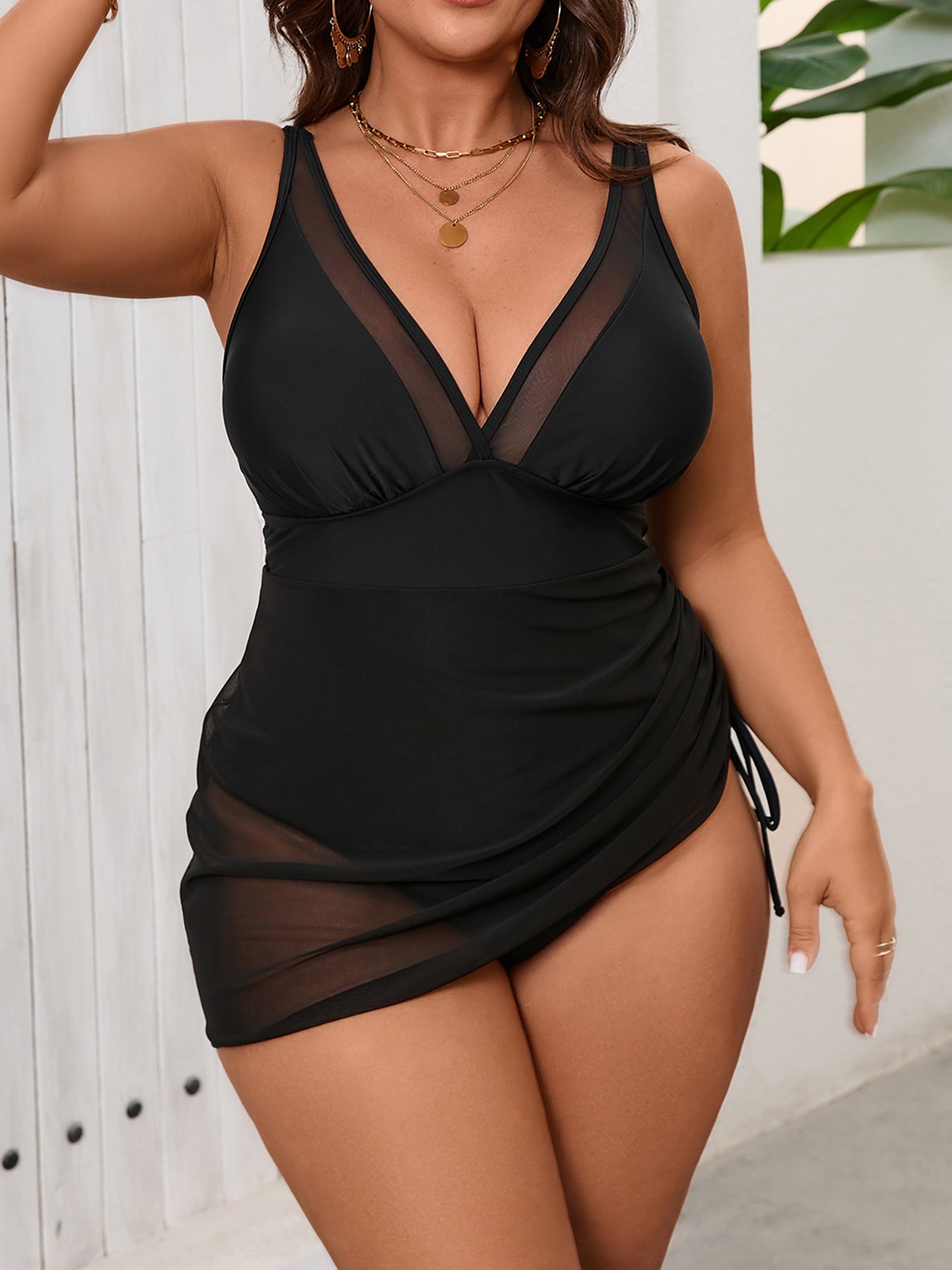 Sheer Mesh Sarong One-Piece Swimsuit