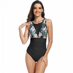 Ocevara - Womens One Piece Swimsuits Tummy Control Slimming Bikini Sets V Neck Printing Mesh Sheer Bathing Suit