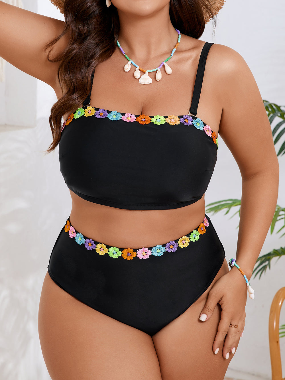Floral Trim Bandeau Bikini Set