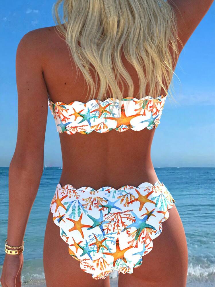 Leaf Print Flounce Halter Tie Front Bikini Set