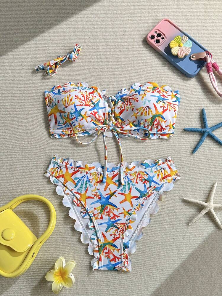 Leaf Print Flounce Halter Tie Front Bikini Set
