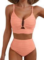 Ocevara High-Waisted Tummy Control Bikini Set Textured U-Wire Cutout Swimwear