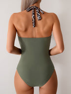 Ocevara - Women One Piece Swimsuit Leopard Splicing Halter V Neck Sexy Tummy Control Push Up Swimwear Back Tie Bathing Suit