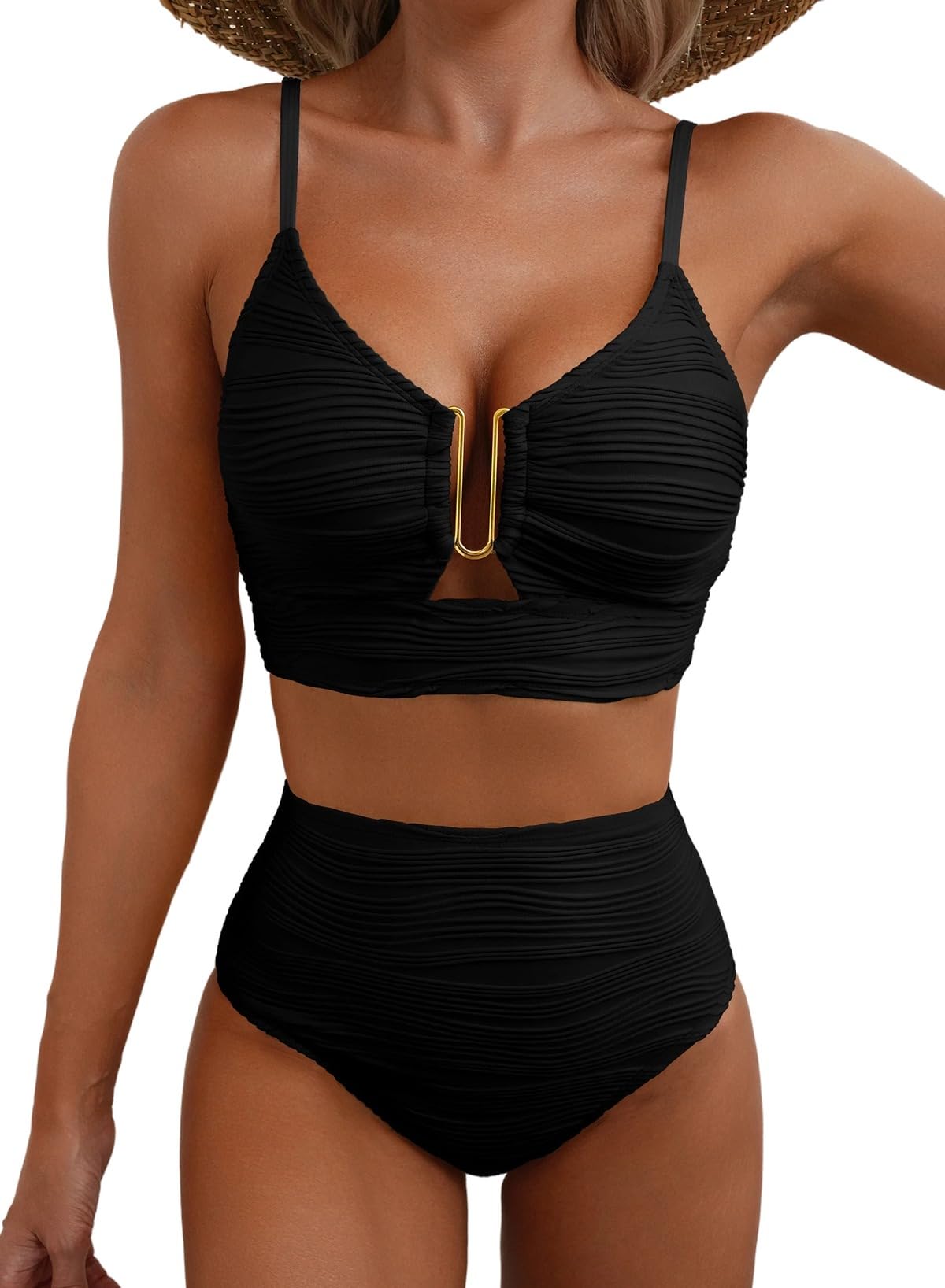 Ocevara Ocevara High-Waisted Tummy Control Bikini Set Textured U-Wire Cutout Swimwear - image 15