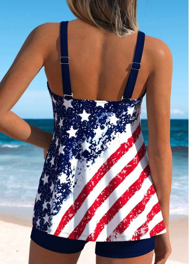 American Flag Navy Mid Waisted Patchwork Tankini Set