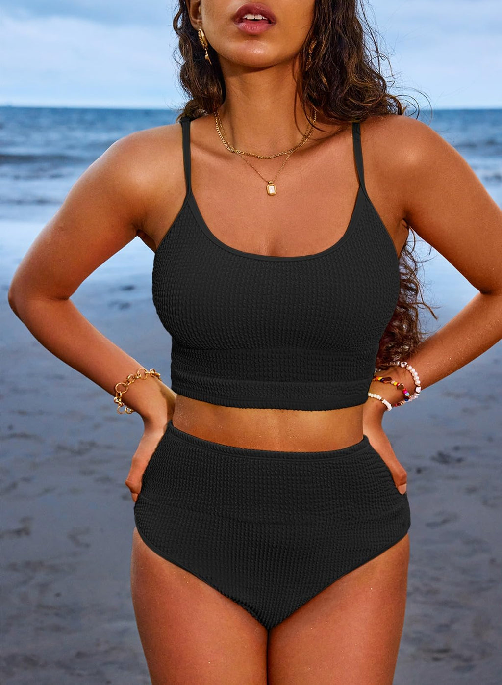 Ocevara - Women 2 Piece Bikini Set High Waisted Color Block Swimsuit Beach Scrunch Ribbed Bathing Suit