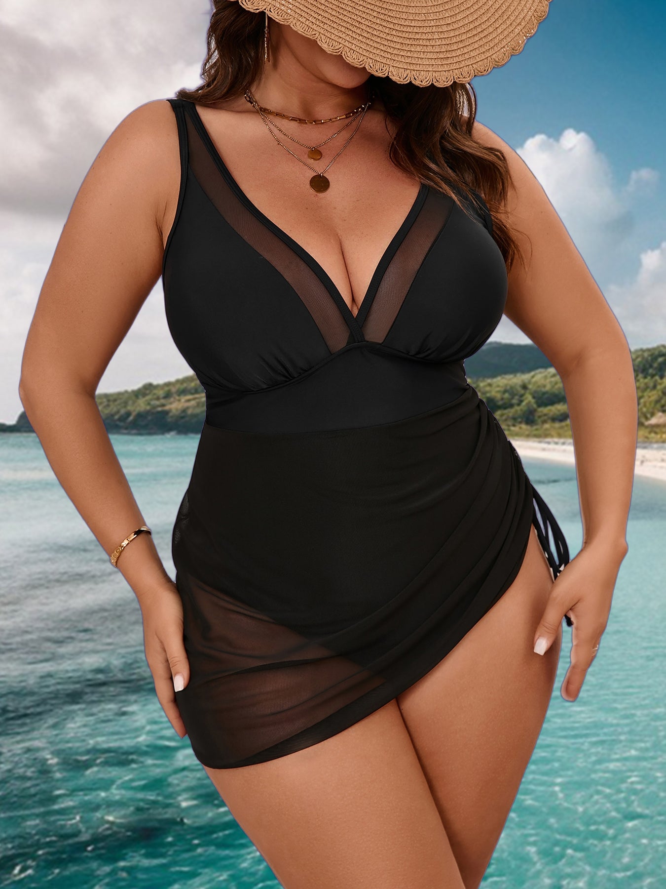 Sheer Mesh Sarong One-Piece Swimsuit