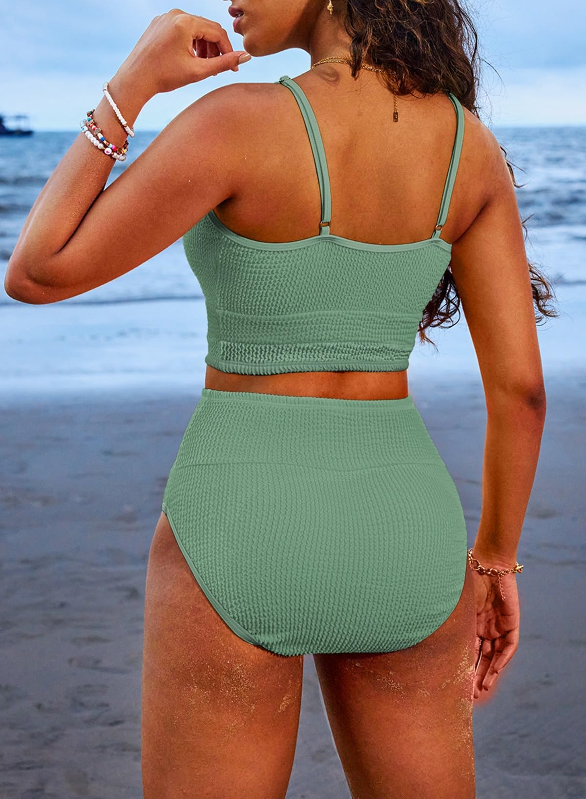 Ocevara - Women 2 Piece Bikini Set High Waisted Color Block Swimsuit Beach Scrunch Ribbed Bathing Suit