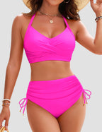 Ocevara - Womens High Waisted Bikini Sets Drawstring Tummy Control Swimsuits Crisscross Tie Back Bathing Suit