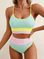 Ocevara - Women 2 Piece Bikini Set High Waisted Color Block Swimsuit Beach Scrunch Ribbed Bathing Suit