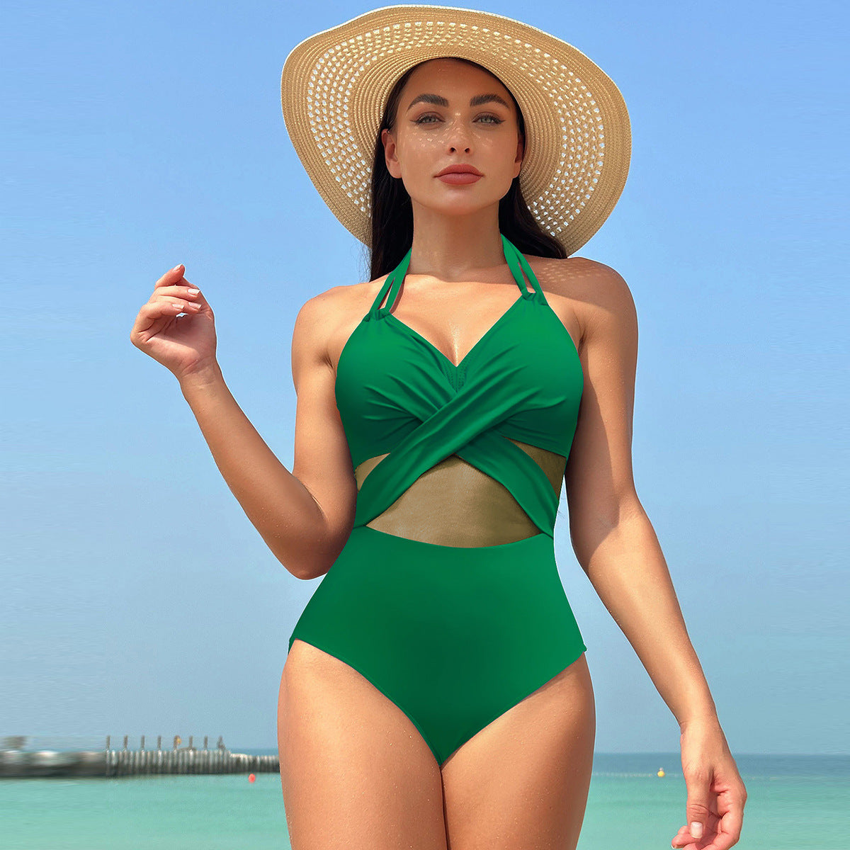 Ocevara - Women's One Piece Swimsuits Mesh Tummy Control High Waisted Bathing Suit Wrap Tie Back Cutout Swimsuit