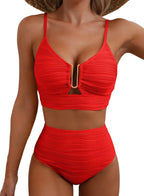 Ocevara High-Waisted Tummy Control Bikini Set Textured U-Wire Cutout Swimwear