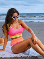 Ocevara - Women 2 Piece Bikini Set High Waisted Color Block Swimsuit Beach Scrunch Ribbed Bathing Suit