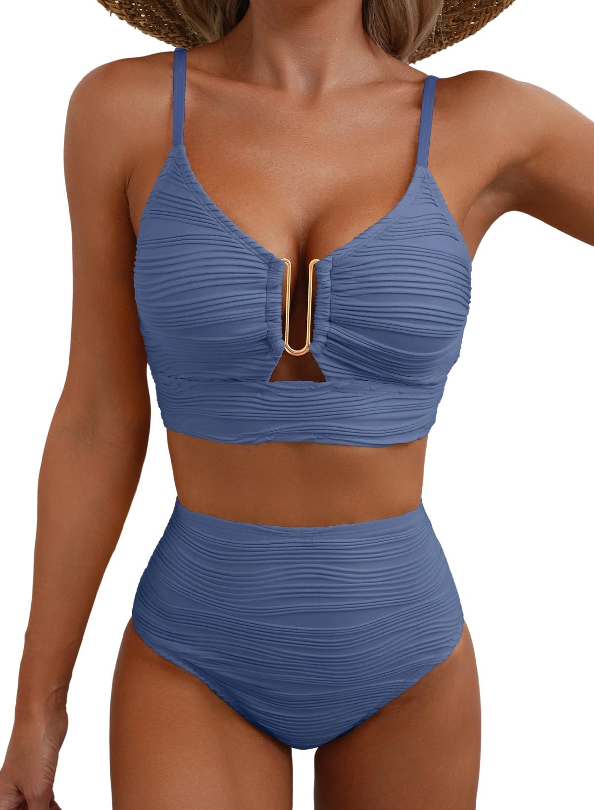 Ocevara High-Waisted Tummy Control Bikini Set Textured U-Wire Cutout Swimwear