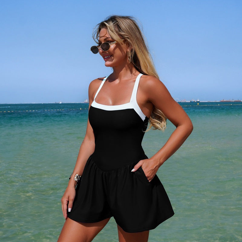 Colorblock Lace-Up Back One-Piece Swim Dress
