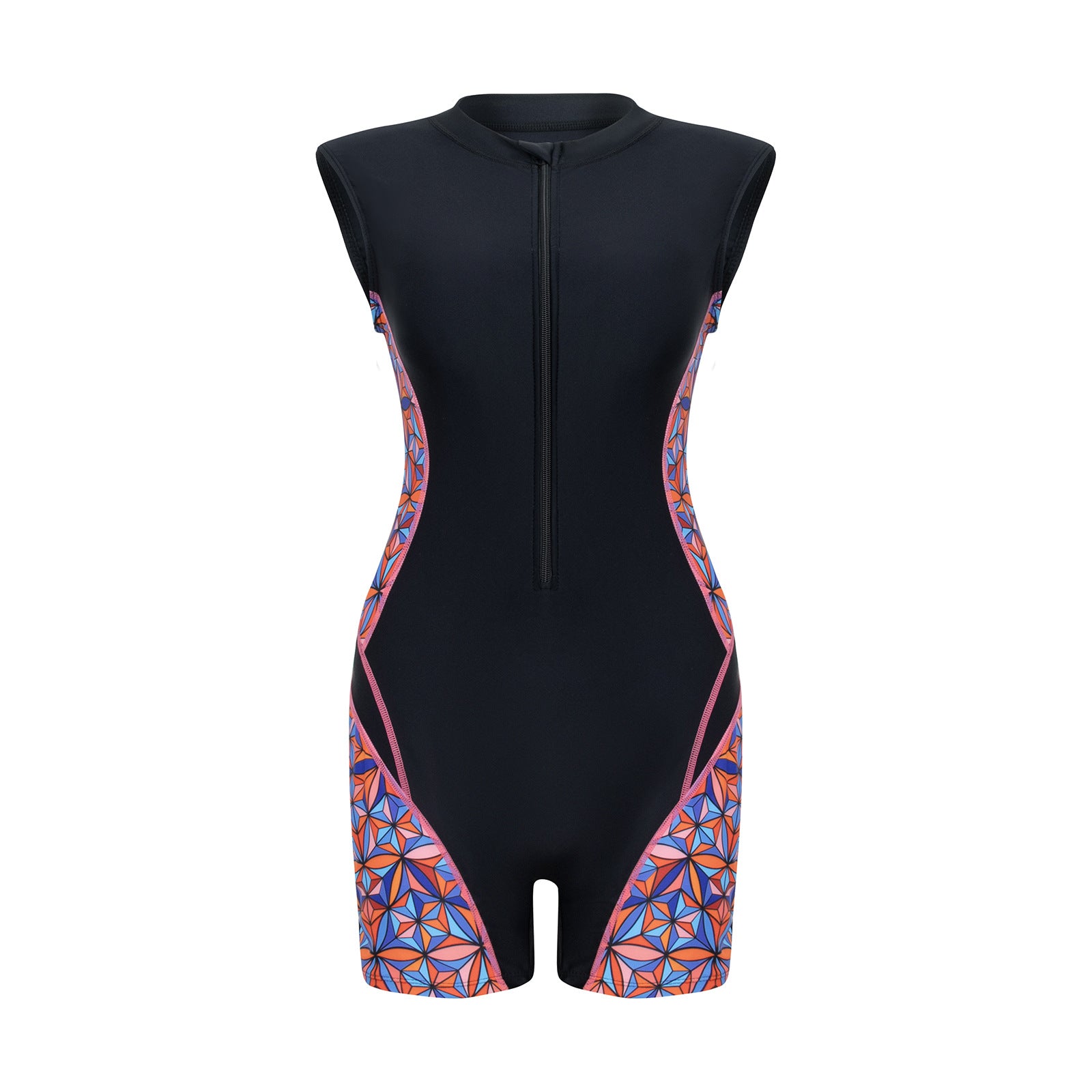 Geometric Panel Zip-Front Sleeveless Rash Guard Swimsuit