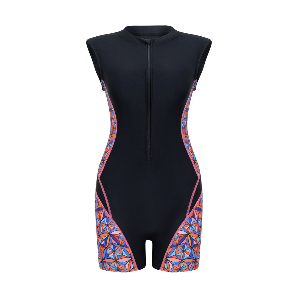 Geometric Panel Zip-Front Sleeveless Rash Guard Swimsuit