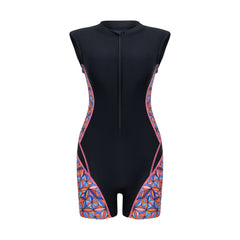 Geometric Panel Zip-Front Sleeveless Rash Guard Swimsuit