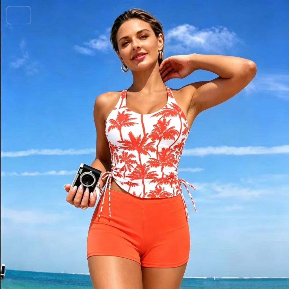Palm Print Ruched Tankini and Boyshort Set - color-02