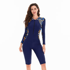 Printed Panel Zip-Front Long-Sleeve Rash Guard Swimsuit - color-02