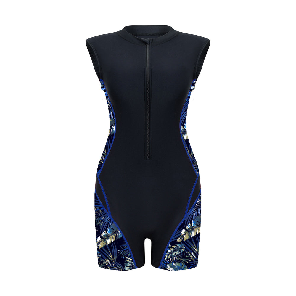 Geometric Panel Zip-Front Sleeveless Rash Guard Swimsuit - color-02