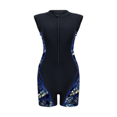 Geometric Panel Zip-Front Sleeveless Rash Guard Swimsuit - color-02