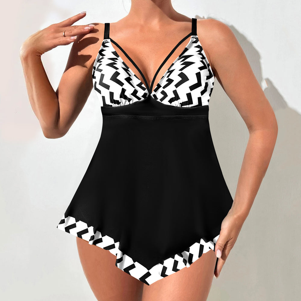 Printed V-Neck Plus Size Swim Dress - color-02