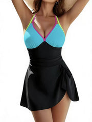 Colorblock Ruched Tummy Control Swim Dress - color-02