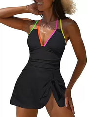 Colorblock Ruched Tummy Control Swim Dress - color-03
