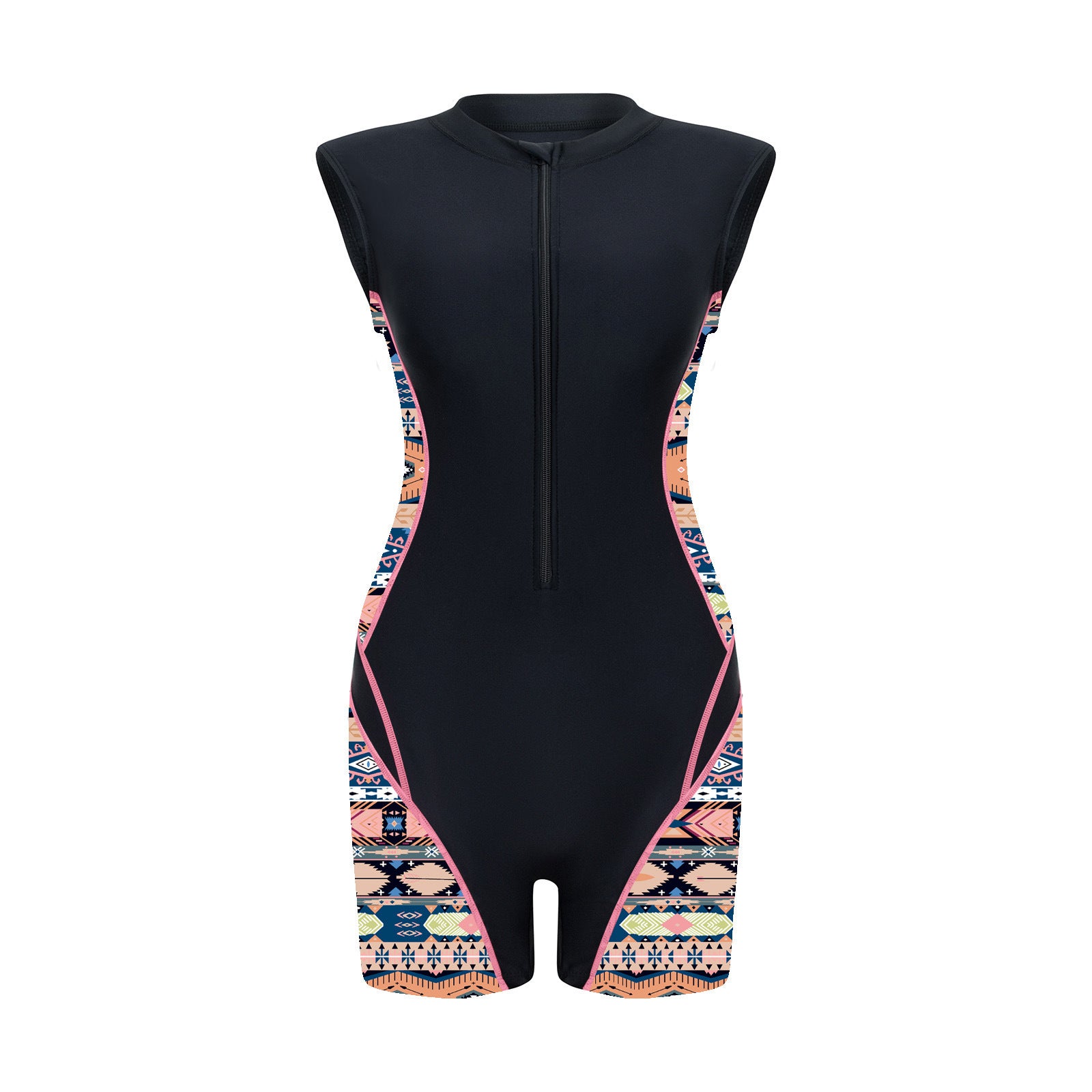 Geometric Panel Zip-Front Sleeveless Rash Guard Swimsuit - color-03
