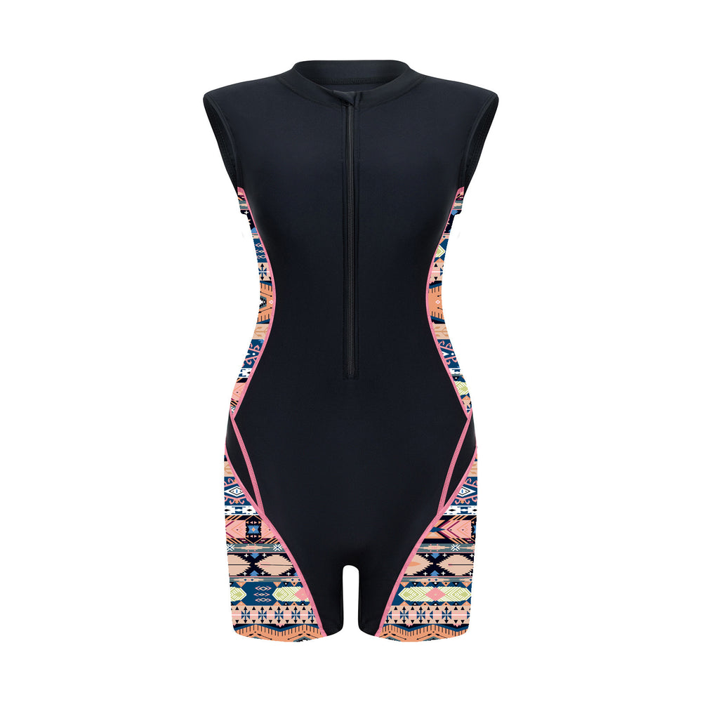 Geometric Panel Zip-Front Sleeveless Rash Guard Swimsuit - color-03