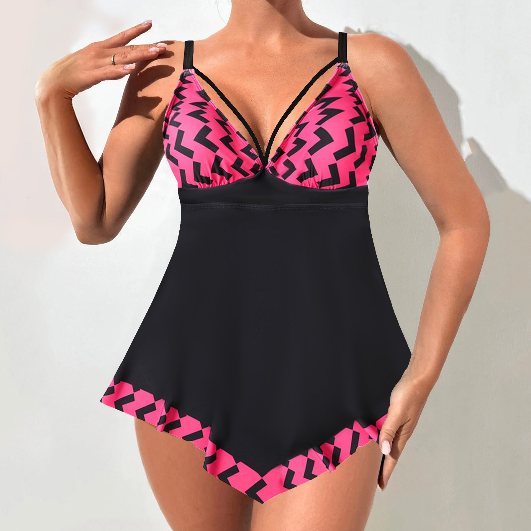 Printed V-Neck Plus Size Swim Dress - color-04