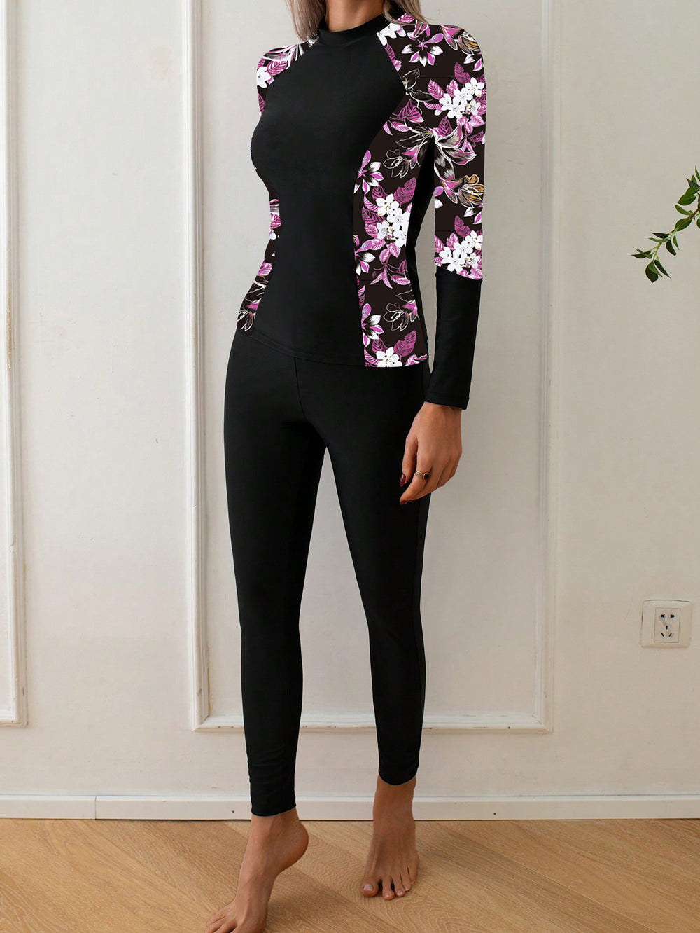 Floral Panel Long-Sleeve Rash Guard Swimsuit - color-04