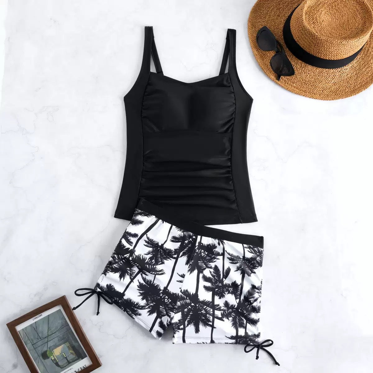 Palm Print Ruched Tankini and Boyshort Set - color-05