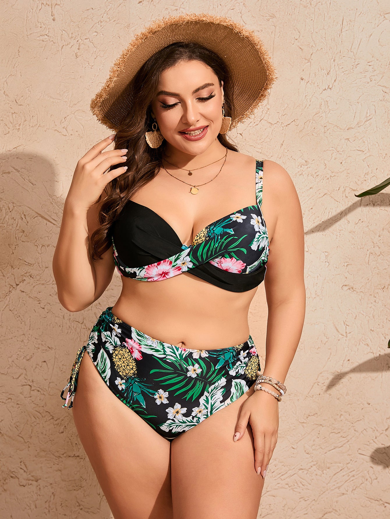 Floral Twist-Front High-Waist Plus Size Bikini Set - color-05