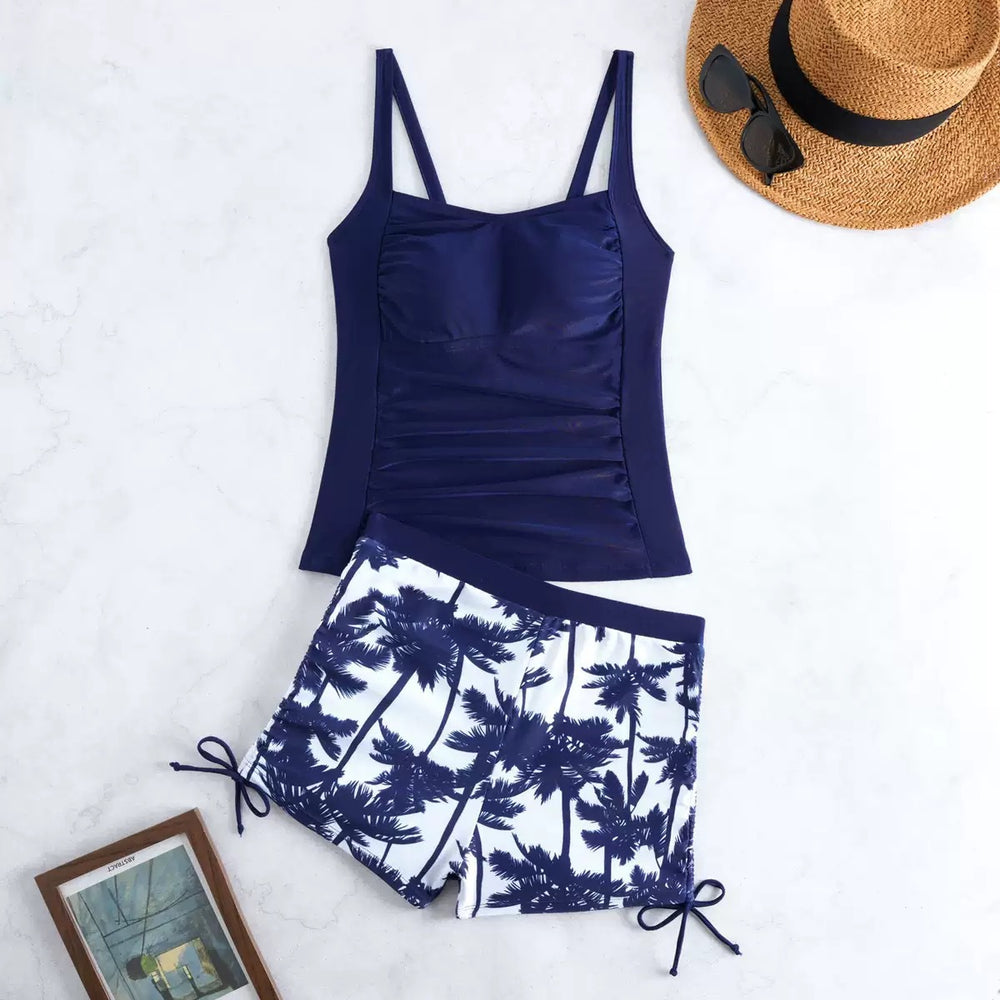 Palm Print Ruched Tankini and Boyshort Set - color-06