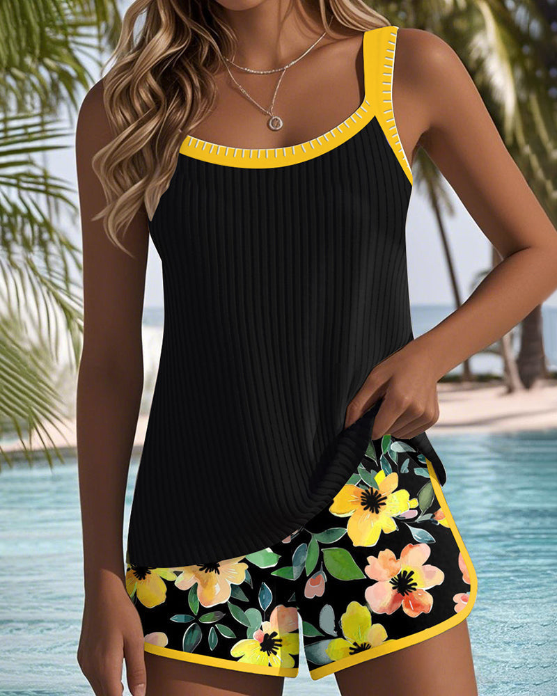 Floral Ribbed Tankini and Boyshort Swim Set - color-07