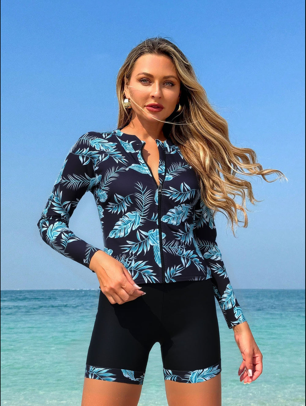 Tropical Print Zip-Front Long-Sleeve Rash Guard Set - color-07